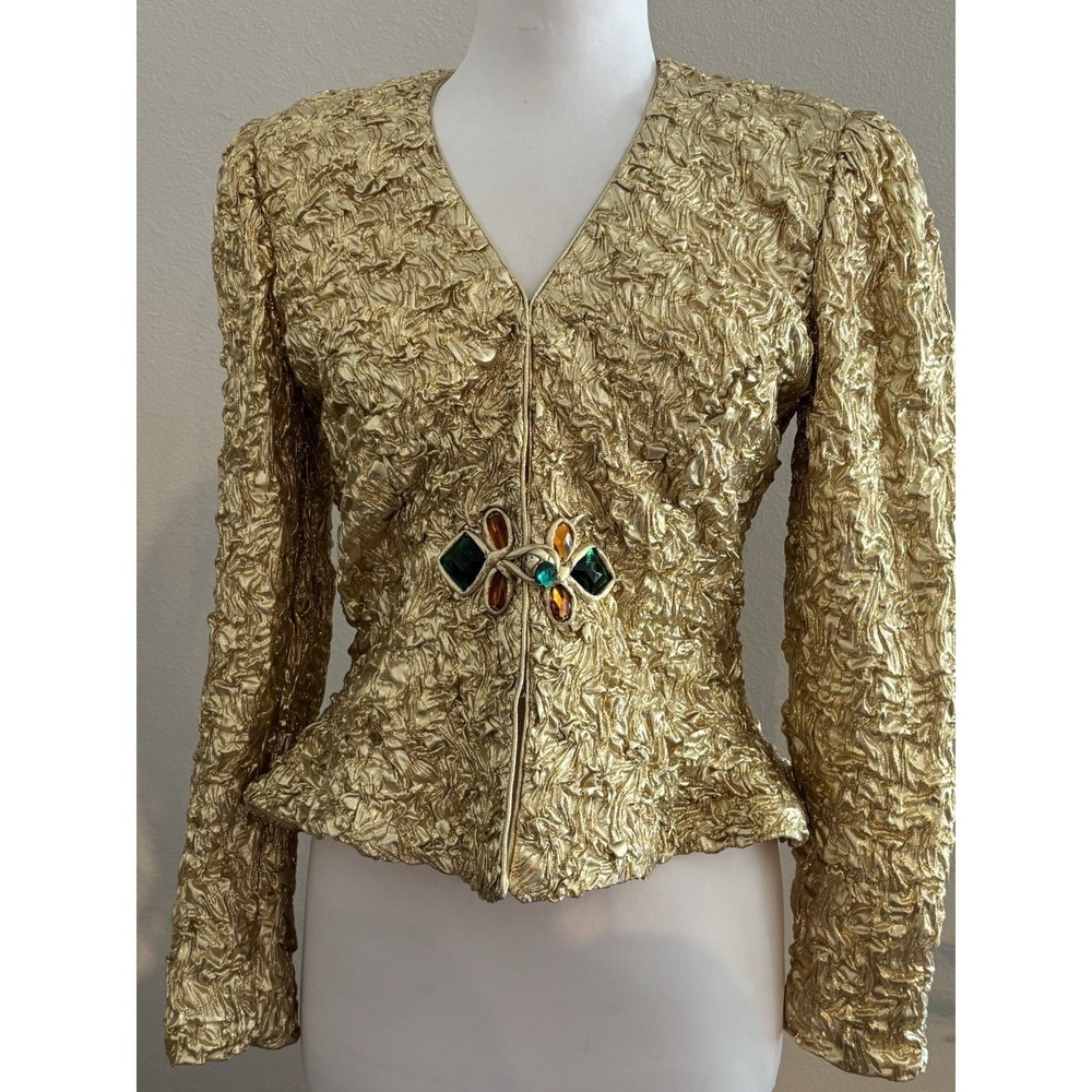Farinae Collection Vintage Jeweled Gold Lame Textured Peplum Jacket Size 4